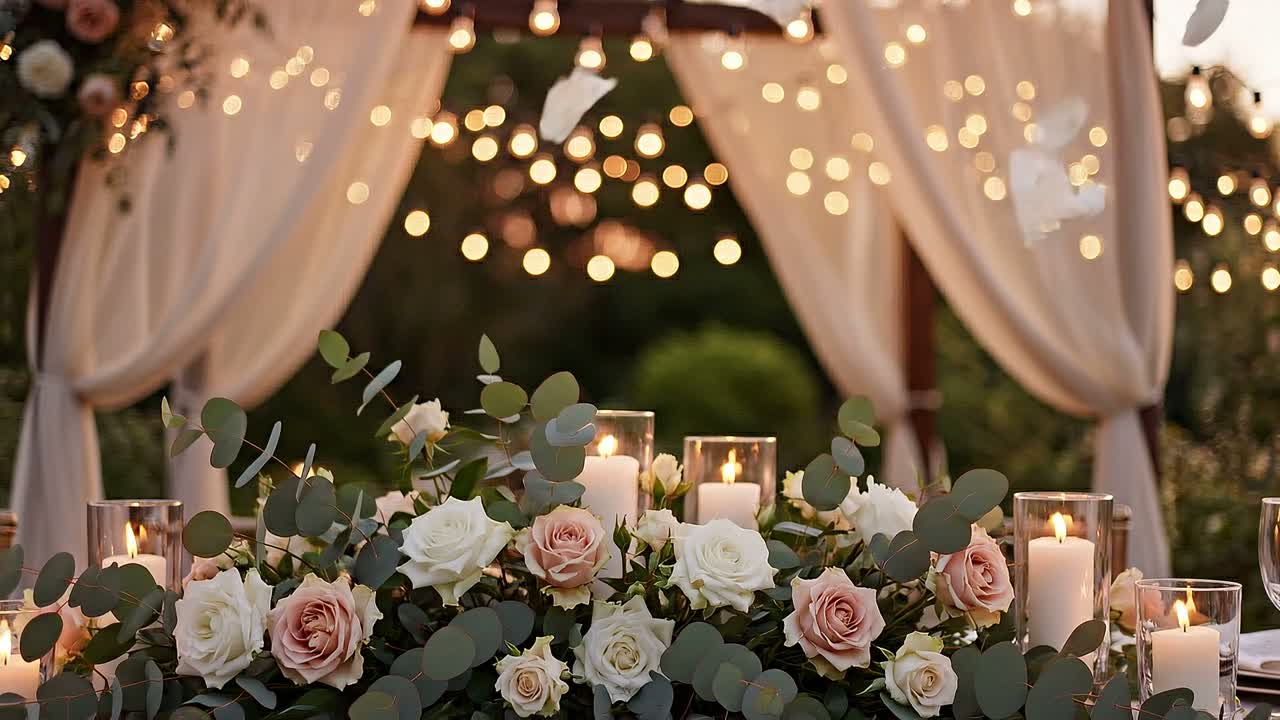 Pareja de novios bailando bajo un arco de flores en una boda al atardecer