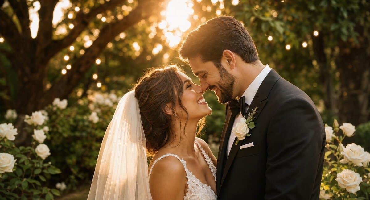 Pareja de novios abrazándose bajo una guirnalda de luces cálidas en su boda