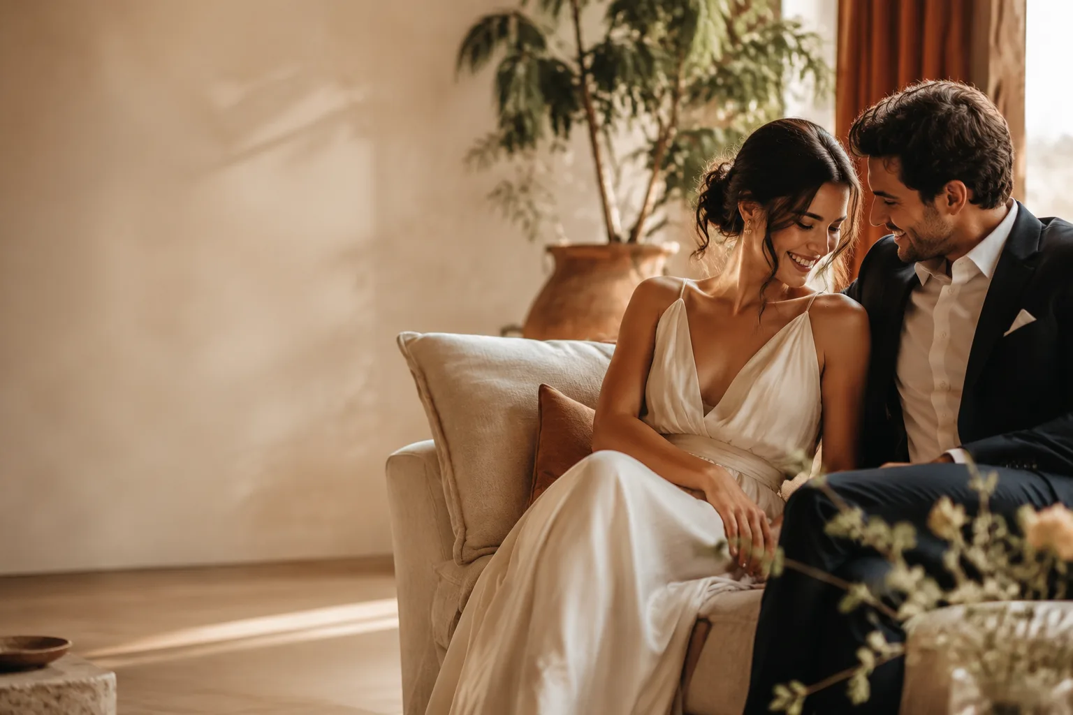 Pareja feliz celebrando su boda — Sabes quién viene