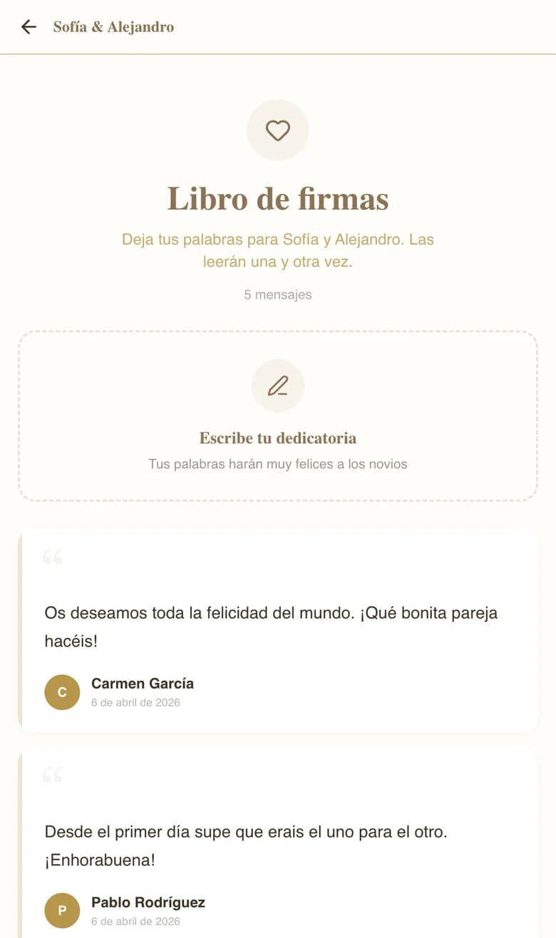 Libro de firmas digital con dedicatorias de invitados